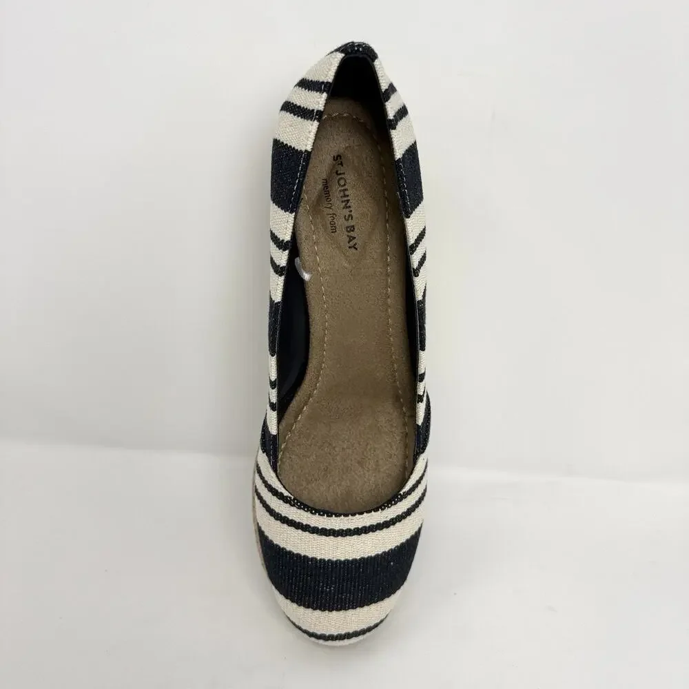 St. John’s Bay Botanic Women’s 7.5 M Navy Stripe Espadrille Wedge Shoes New
